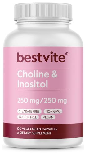 BESTVITE Choline Inositol 500mg (120 Vegetarian Capsules) - No Stearates - No Fillers - No Dicalcium Phosphate - Vegan - Non GMO - Gluten Free