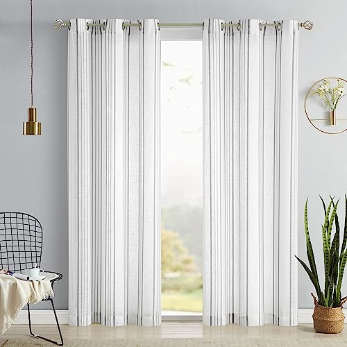 SXZJTEX White and Grey Linen Textured Striped Curtains 84 inch Long for Living Room Bedroom Farmhouse Ticking Pinstripe Sheer Curtains Grommet Top 2 Panels