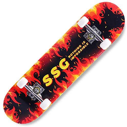Skateboard Rote Flamme Schwarz Skateboard Kinder ab 8 Jahre 80x20cm 7-Lagigem Ahornholz Longboard Double Kick Komplett für Anfänger Jungen Mädchen Erwachsene Profi Penny Board