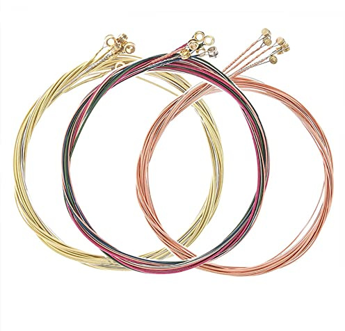 Alnicov 6 cordes de rechange en acier avec tête nickelée pour guitare acoustique (1 ensemble en laiton, 1 jeu en cuivre et 1 ensemble multicolore)