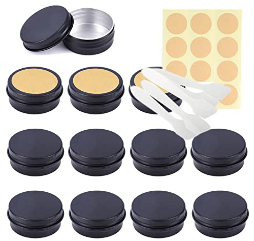 LusDoly Pack of 50 Empty 15ml Matte Black Aluminium Tins with Lids - Ø41x17mm Aluminum Screw Pots Travel Round Cosmetic Cream Container Jars for Candle Lip Balm, Salve, with Spatulas & Labels