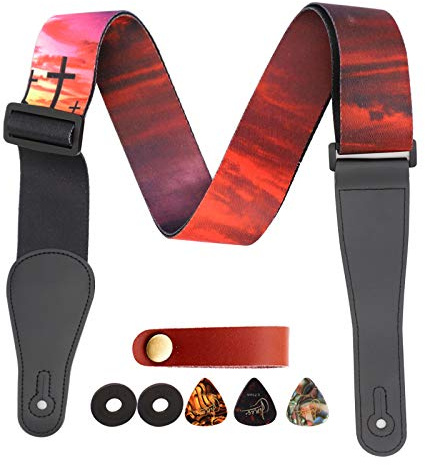 RAUYIVANY Guitar Strap, Sunset Cross Print Pattern with Leather End Guitar Straps, Adjustable Length, with Strap Lock + Button + 3 Picks for Acoustic, Electric, Bass and Classical Guitars