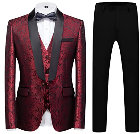 KUDORO Abito da Uomo 3 Pezzi Paisley Slim Fit Abito Abiti da Sposa Abito da Smoking Blazer Gilet Pantaloni(Rosso,M)