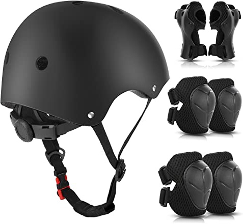 Set di Protezioni per Bambini,Wayeee Protezioni Pattini con Casco Regolabile Ginocchiere Gomitiere per Skateboard,Bicicletta,Pattinaggio, Monopattino (Nero)