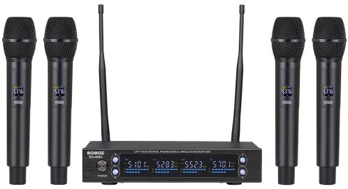 BOMGE Système de microphone sans fil 4 canaux, ensemble de quatre micros dynamiques sans fil UHF, connexion automatique, design entièrement métallique, pour karaoké, réunion, fête, église, DJ,