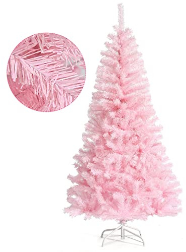 GYMAX Weihnachtsbaum Künstlich 150/180 cm, Rosa Christbaum mit 290/472 Spitzen mit farbigem Glitzerpulver, Kunstbaum Tannenbaum mit Metallständer, Material PVC, für Zuhause, Geschäft, Büro