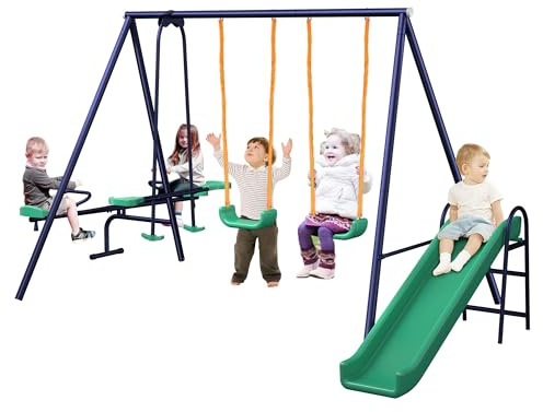 Dithoko Metal 4 in 1 Multifunction Kids Swing Set for Backyard - Heavy Duty Extra Large Frame With 2 Adjustable Swings, Glider, Slide and Teeter-Totter