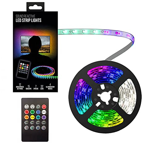 Tira de luces LED de colores, 32 LED, 15 colores, reactivo al sonido, 2 m, alternativa a las luces de hadas con mando a distancia, velocidad e iluminación, funciona con pilas