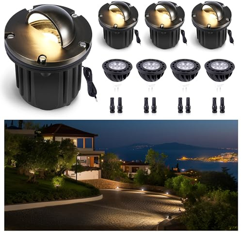 Gardenreet Outdoor Low Voltage Well Lights - Brass Low Voltage Replaceable Bulb In-Ground Lighting, 12V LED Beacon Top Fixture, Antique Bronze for Deck House Patio with 2700K Warm White MR16 Bulb