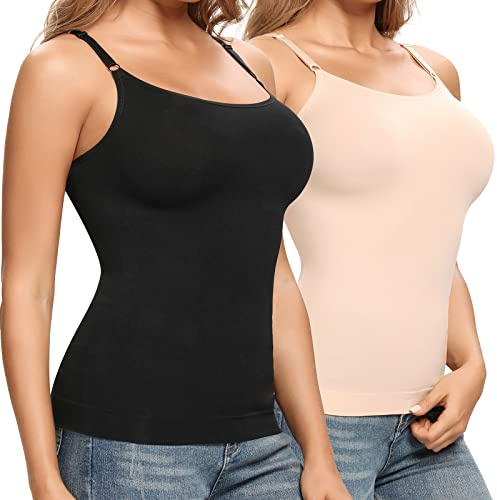 Joyshaper Shapewear Vest Top for Women Tummy Control Camisole Spaghetti Strap Basic Undershirt Body Shaper, Black+Beige M