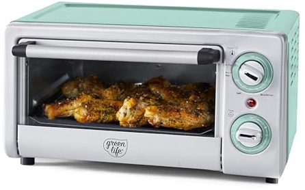 GreenLife Countertop Toaster Oven Air Fryer Stainless Steel, Healthy Ceramic Nonstick, PFAS Free, Tray & Basket, Bake, Broil, Reheat, Adjustable Temp & Time Control, Auto Shutoff, Turquoise