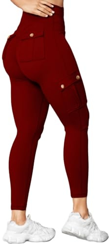 Nuofengkudu Cargo leggings för kvinnor med push up-fickor, fitness, studio, hög midja, fotled, magkontroll, enfärgad, löpsport, joggingbyxor, stretchbyxor, Vinröd, XXL