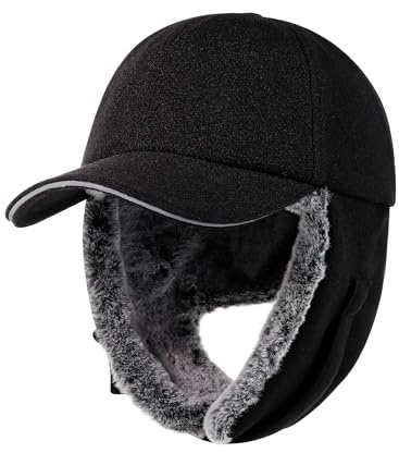 Gisdanchz unisex vinter ull baseballkeps med lång öronlapp – helt fodrad med fuskpäls, Svart, 7 1/8/7 3/8