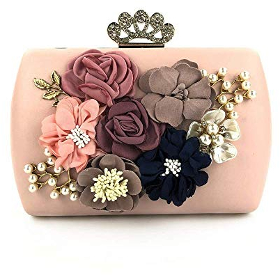 RajoNN Damentasche, Handtaschen, Abendessen, eleganter Umschlag, Geldbörse, Geldbörse mit Blumendekoration, Abend, Hochzeit, Clutch, Geldbörse, Party, Abend-Clutch (Rosa, 18,5 x 6,5 x 14,5 cm)