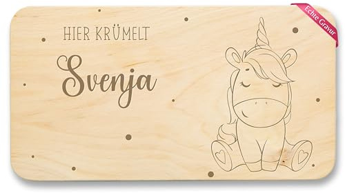 Frühstücksbrettchen Holz Natur - Einhörner - Hier krümelt mit Name I Einhorn Geschenke Mädchen - 22x12 - Holz - krümelbrett kind personalisiertes brettchen für kinder unicorn