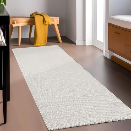 HomebyHome Teppich 80x250 cm Creme, Langer Schlingenflor Läufer für Flur oder Küche, Einfarbig & Pflegeleicht, Weich & Modern