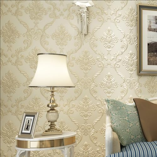 FLZHime 3D Damask Pattern Carving Pattern TV Background Living Room Bedroom Cafe Hotel Modern Minimalist European Style 1.73'W x 32.8‘L Non-Woven Non-Pasted Wallpaper (Light Yellow)