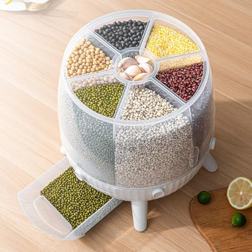 SanzIa 13lb Grain Storage Container, 6-Grid Rice Containers, 360° Rotating Dry Food Dispenser, Household Sealed Storage, for Grains, Snacks, Dog Food, Beans