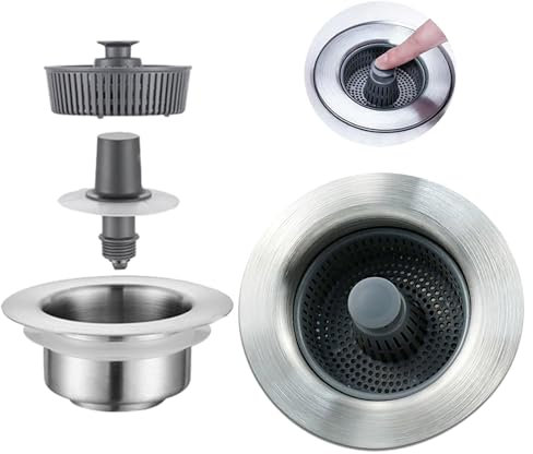 Rongxze Colador de Drenaje 3 en 1 para Fregadero de Cocina, Colador de Fregadero de Acero Inoxidable 304 con Filtro y Junta, Tapón para Fregadero de Cocina para Cocina 76-81mm Agujeros de fregaderos