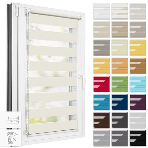 Estika Doppelrollo Klemmfix ohne Bohren, Breite alle 1 cm - 70 cm x 150 cm - Cream - Tag und Nacht Duo Rollo, Rollos für Fenster ohne Bohren, Fenster sichtschutz