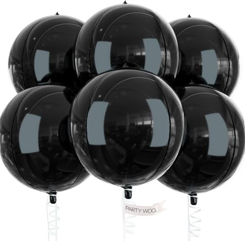 PartyWoo 6 Stück Schwarz Folienballons, 22 Zoll Riesige 4D Folienballons Rund für Geburtstagsdeko, Hochzeitsdeko, Partydeko