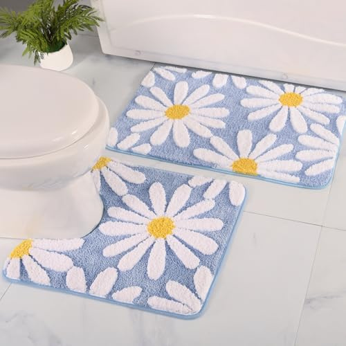 QJHOMO Badezimmerteppich-Set, 2-teilig, niedliches Gänseblümchen-Badvorleger, Blauer WC-Vorleger, U-förmig, Blumen-Deocr-Badematte, rutschfeste Kontur-Badematte, super saugfähige