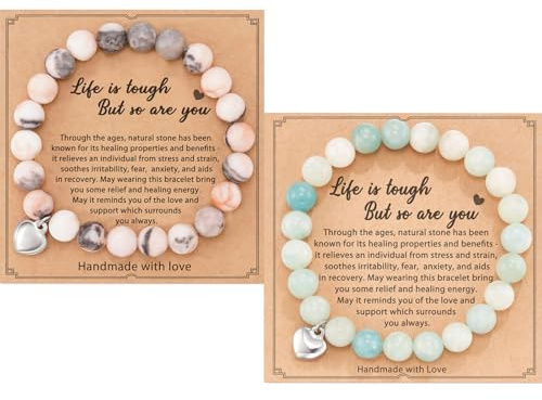 FDRJKN 2 Pcs Anxiety Healing Bracelet For Women, Natural Stone Elastic Beads Gemstone Zebra Bracelet For Birthday Graduation Christmas