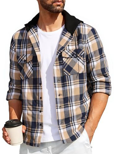 SwissWell Camicia Uomo Flanella Felpe Uomo Camicia a Quadri Manica Lunga Casual Camicia con Cappuccio Blu-Beige XXL