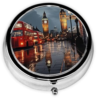 Pillendose City of London Runde Pillendose Mini Metall Reise Pillendose für Geldbörse Klein Niedlich 3 Fächer Medizin Pillen Organizer Tragbarer Pillenbehälter Halter für tägliche Medizin Vitamin