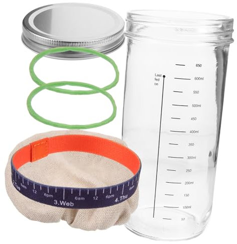 SHOWERORO Barattolo di Lievito Madre in Vetro 730 Ml Coperchio Sigillato, Bilancia Laterale e Copertura Traspirante per Fermentazione e Conservazione del Lievito Naturale, Kit per Panificazione