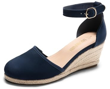DREAM PAIRS Women's Espadrilles Closed Toe Ankle Strap Dressy Platform Wedge Sandals,Size 9,Navy-Suede,AMANDA-2