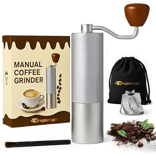 Dropereum Manual Coffee Bean Grinder 5 in 1 Accessories 25G, Portable French Press 12 Adjustable Setting Espresso Grinder, Conical Coffee Burr Grinder with Double Bearing, Steel Body