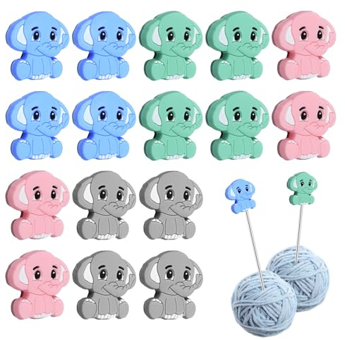 Bekecidi 16 Stück Stricknadelstopper, Spitzenschutz Silikon Stichspitzenkappe Strickzubehör Nadelendabdeckung, DIY Bastelbedarf (Elefant)