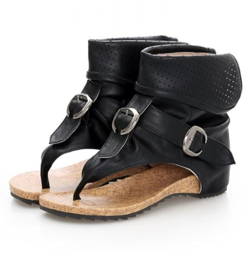 BWGHBH Stivaletti Di Sandalo Estivi da Donna-Sandali Piatti da Gladiatore Vintage-Eleganti Infradito Stivali Leggeri con Suola Morbida(Nero.EU38)