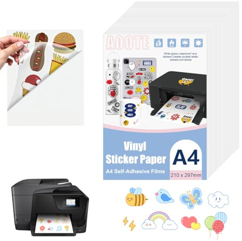 AOOTE Papel Adhesivo de Vinilo Transparente,26 Hojas Vinilo Adhesivo Imprimible A4 Impermeable,80 Micras,A4 Vinilo Imprimible Etiqueta para Impresoras de Inyección de Tinta,297x210mm