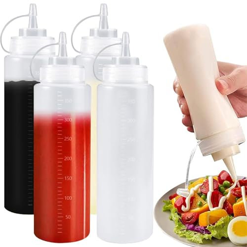 Srvauyea 4 Pezzi Bottiglia Squeeze di Plastica, 350ml Bottiglie da Spremere per Condimenti, Flacone da Spremere con Tappi, Trasparente Condimento Dispenser per Ketchup Mayo Senape Salse Piccanti Miele