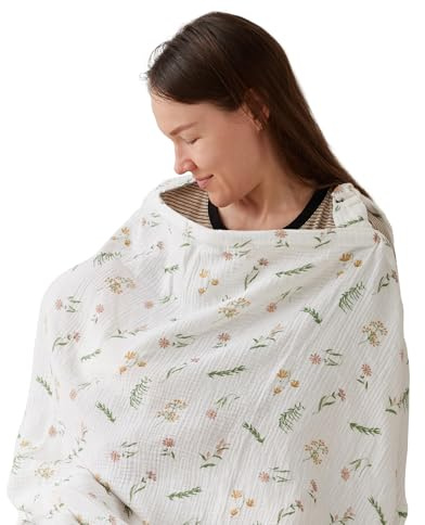 TILLYOU Stilltuch für Unterwegs 70x100 cm Musselin Stillschürze Stillschal 100% Baumwolle Nursing Cover Breastfeeding Cover, Blumig