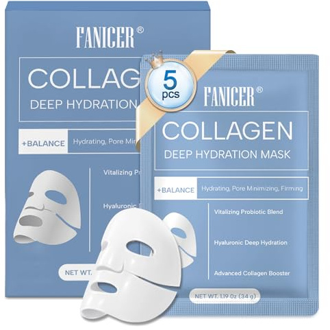 5 Pezzi Maschera Collagene Viso, Mask Collagen, Maschere Viso Idratante, Rassodante Antirughe e Lifting, Riduzione dei Pori, Miglioramento dell'Elasticità, Blu