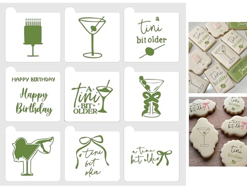 Birthday Cocktail Stencil Set – 9 Reusable Plastic Stencils with Martini Glass, Cake, and Funny ‘A Tini Bit Older’ Sayings – Ideal for Cookie, Cake, and Craft Decoration
