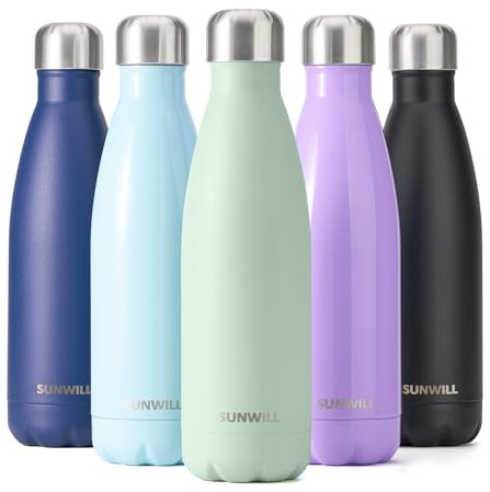 SUNWILL Metal Water Bottle Stainless Steel 500ml, Insulated Reusable Thermal Flask for Cold and Hot Drink, Travel, Sports, Gym, Powder Coated Matcha Cream