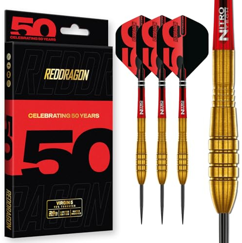RED DRAGON DARTS-50 Jahresklassiker Kollektion - Virgin Series - 95% Wolfram - Professionelles dartpfeile metallspitze Satz - Enthält Steeldarts Pfeile Flüge und Dart Schäfte - Erhältlich in 24g & 26g