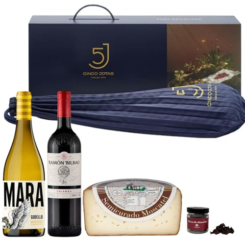 ENOVINOS Cesta Gourmet Regalo Navidad Empresas, Familia y Amigos - Caja con Paleta 5 Cinco Jotas, Vino Blanco Godello, Vino Tinto Ramón Bilbao, Queso Molinos y Rocas de Chocolate de Raúl Asencio