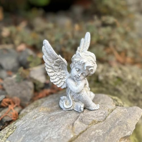 2 Antik Graue Grabengel 11 cm - Träumende Engel Figuren für das Grab | Wetterfeste Trauerdekoration für Urnengrab & Friedhof, Nostalgischer Look, Ideal für Allerheiligen & Gedenkstätten, 2er Set