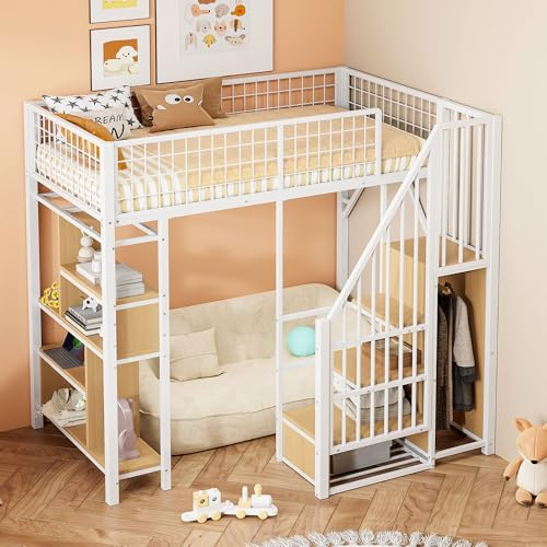 EINHOM Kinderbett 90 x 200 cm, Etagenbett mit Stauraum & Kleiderschrank & Treppe, Hochbett mit Rausfallschutz, Metallbett, Weiß, Ohne Matratze