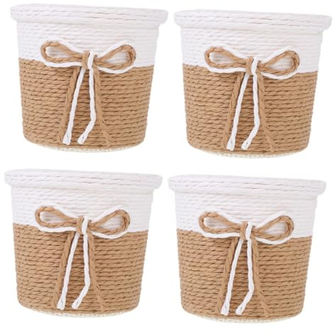 SHINEOFI 4 pièces Set de Cache-Pots Papier Tissé Imperméable Pots Décoratifs Ronds pour Plantes Vertes Intérieur Panier Naturel Style Simple pour Jardin Bureau et Maison