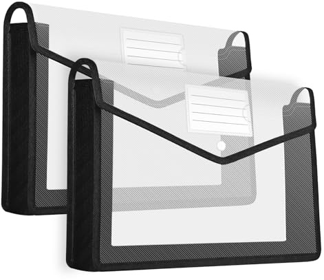 HOUYEE 2 Pack Plastic Expanding File Folder, Envelope File Folder Organizer Holder with Snap Closure, Expandable File Wallet Large Capacity, Fit Letter Size/A4 Documents（Clear with Black Trim）