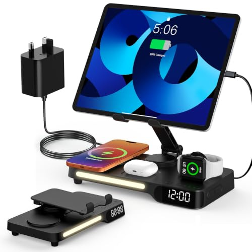 Wireless Charging Station, 7 in 1 Multiple Charger Stand for Multi-Device | Charger Stand with Alarm Clock, Night Light, Mag-Safe Charging Dock for iPhone, Apple Watch and Airpods, for bedroom & office