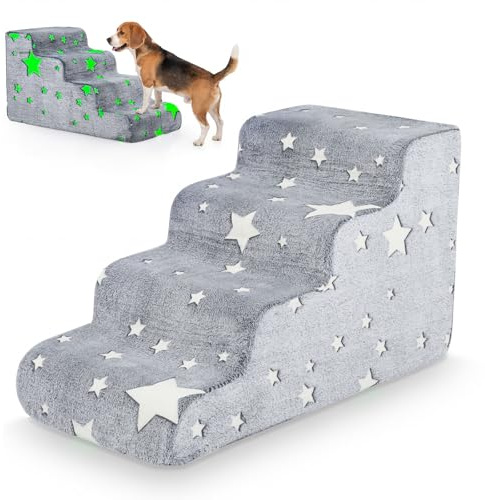 DREAMADE Hundetreppe 50 cm Hoch mit leuchtenden Mustern, Haustiertreppe aus hochdichtem Schaumstoff mit waschbarem Bezug, Katzentreppe mit Rutschfester Boden, für Couch, Sofa & Bett (4 stufig)