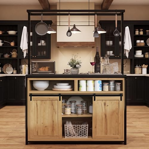 Piaenon Kücheninselschrank 183 cm mit Arbeitsplatte, Stromanschluss & Hängeregal – Küchenschrank mit viel Stauraum für Küche & Esszimmer, Holzoptik