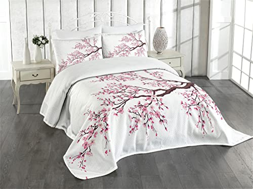 ABAKUHAUS japanisch Tagesdecke Set, Sakura Zweig Blüten, Set mit Kissenbezügen Kein verblassen, für Doppelbetten 220 x 220 cm, Rosa Dunkelbraun